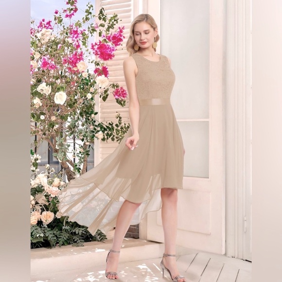 Elegant Tan Gold Sleeveless A-Line Dress - Picture 3 of 6